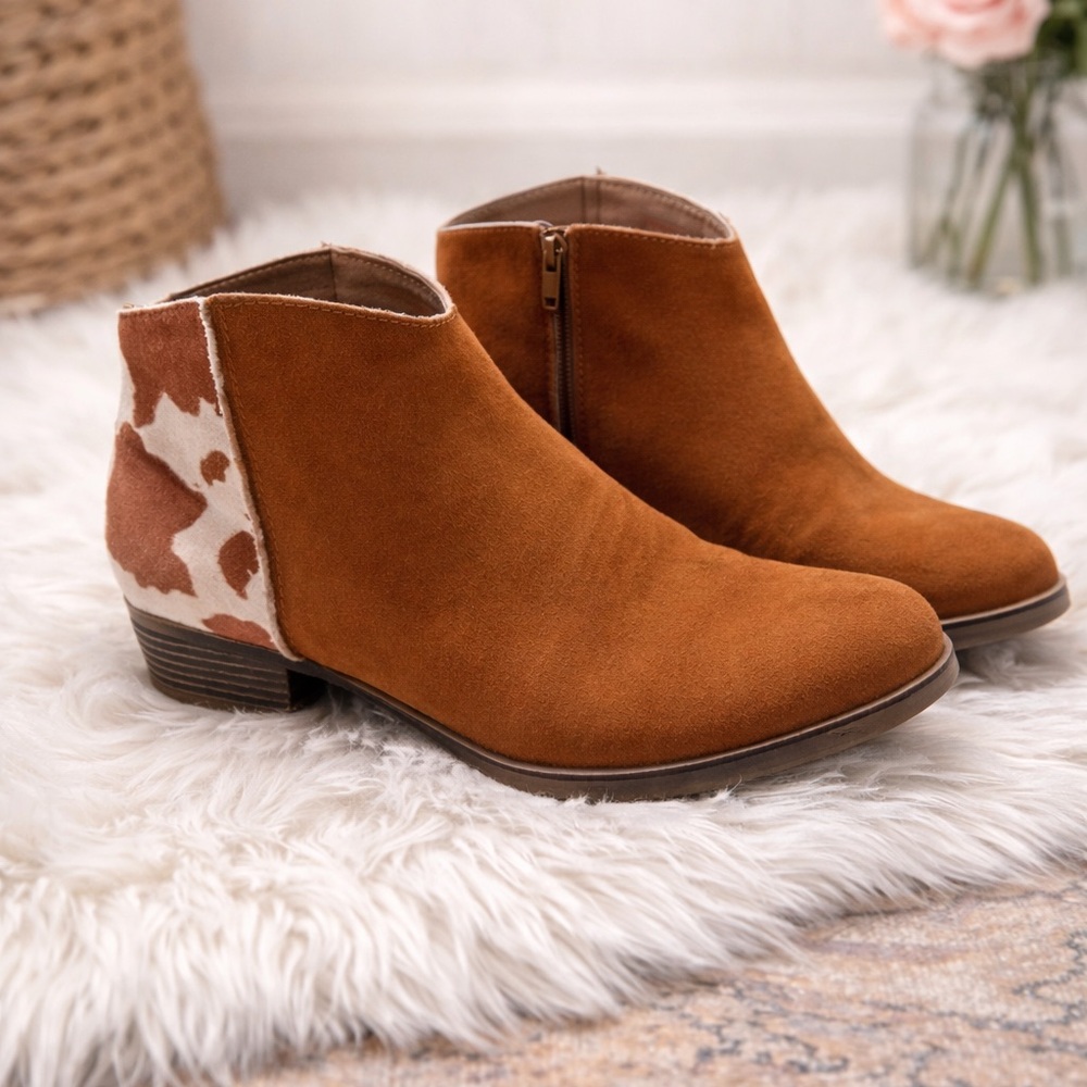True Craft Ankle Boots with Cow Print Western Booties Stacked Heel Neutral